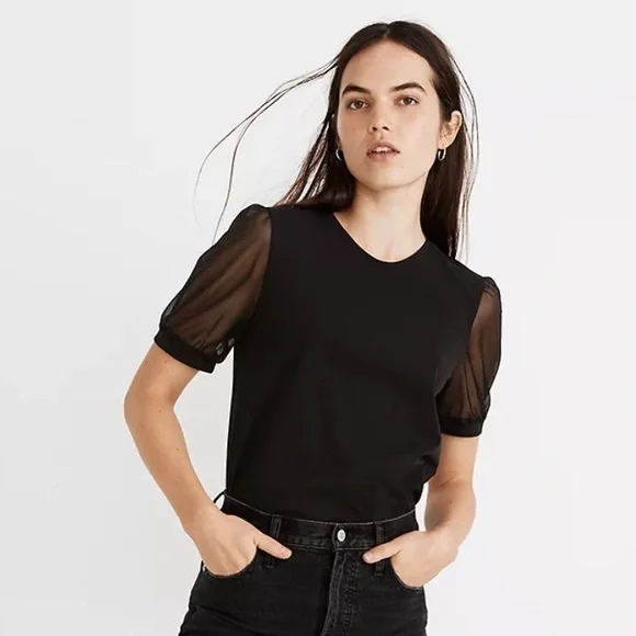Madewell Sheer Short Sleeve Knit T Shirt in Black Size Medium - Picture 2 of 6